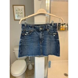 American Eagle Denim Mini Skirt Raw Hem Distressed Stretch Blue Jean Skirt